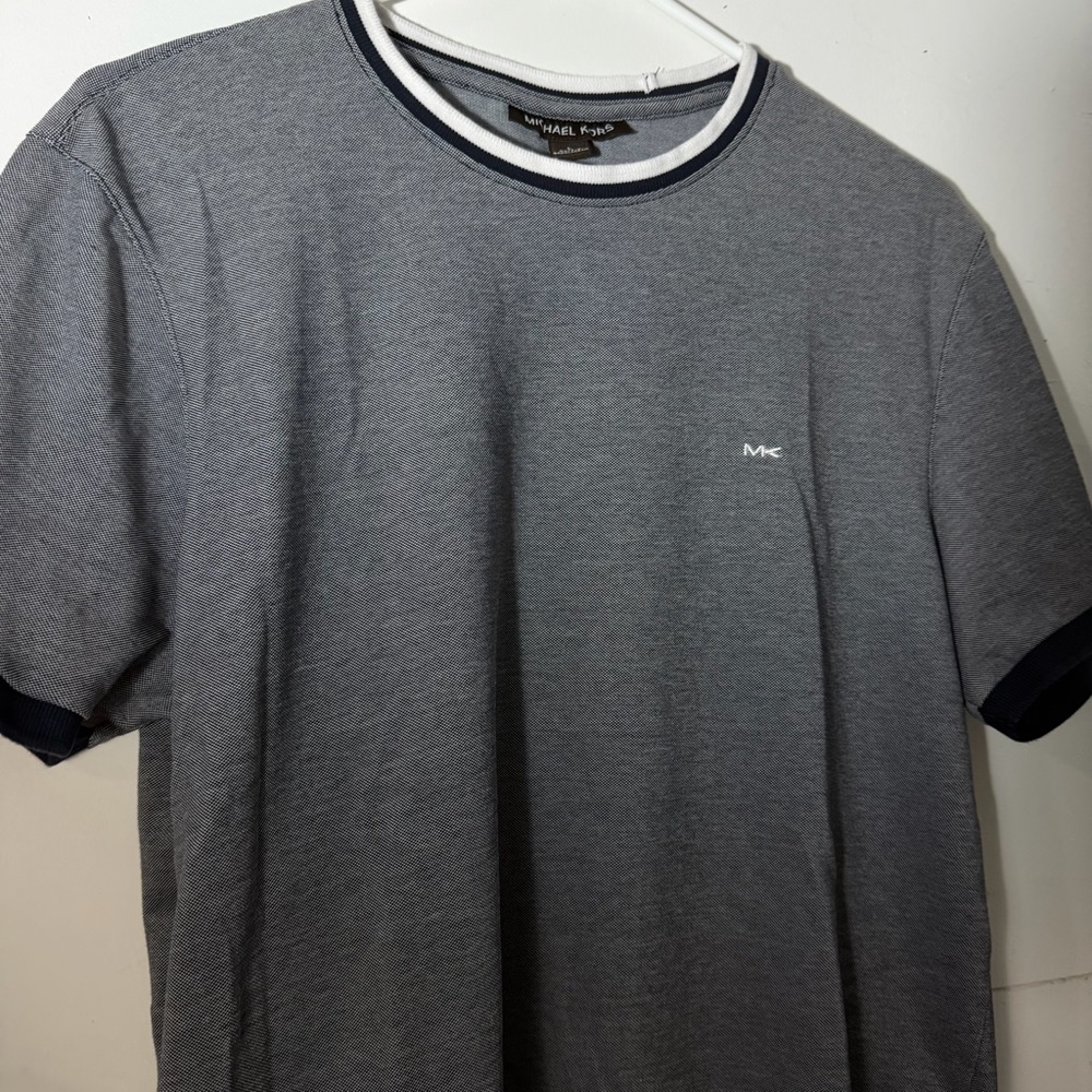 Michael Kors Men’s Large MK Logo Ringer Tee Gray Navy Crewneck Casual Preppy